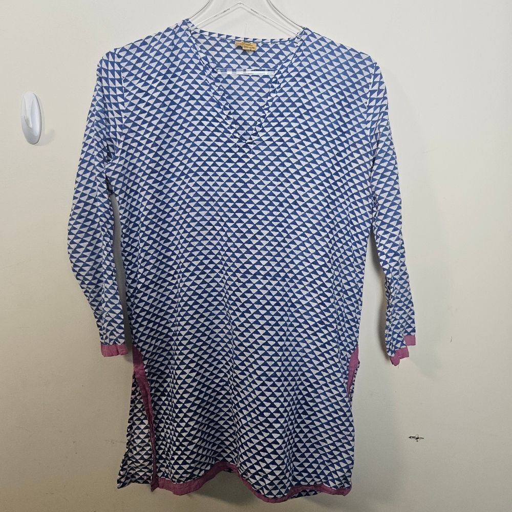 Roberta Roller Rabbit Long Sleeve Blue Beach White Zig Zag Pink Pompom Detail XS